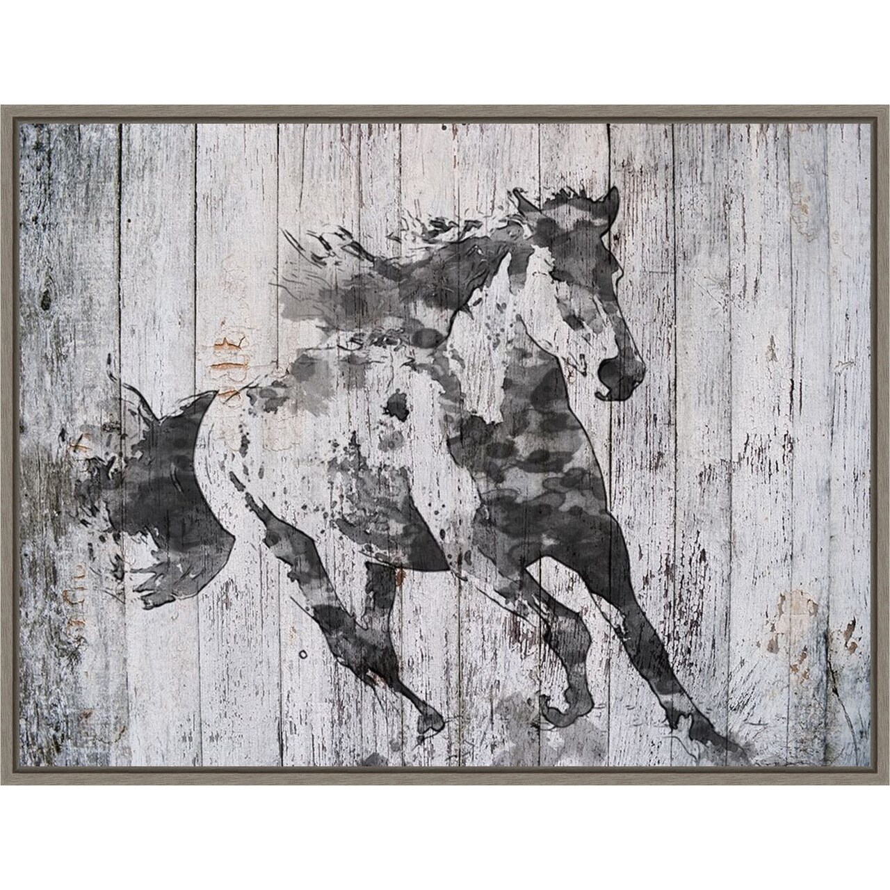 Running Black Horse by Irena Orlov 24-in. W x 18-in. H. Canvas Wall Art Print Framed in Grey